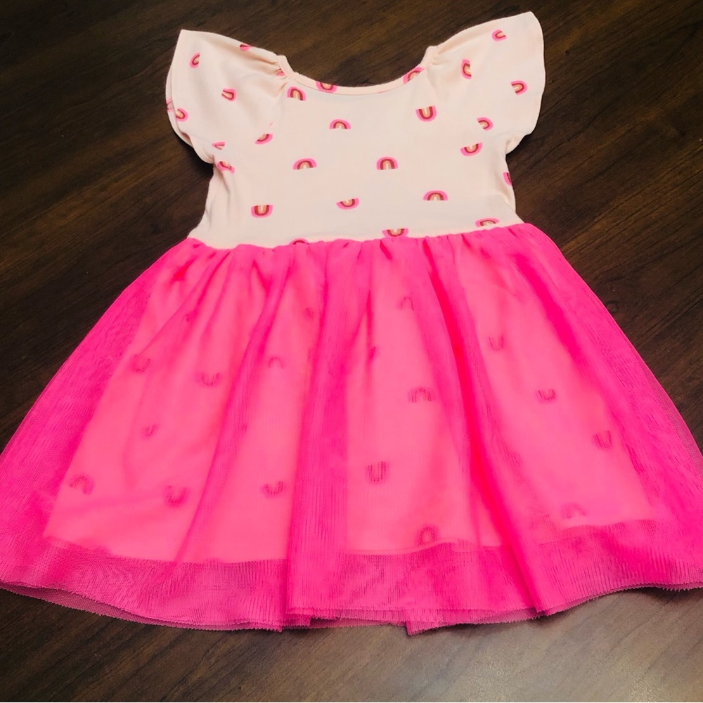 Cat & Jack Cream Rainbow Bodice with Bright Pink Tulle Skirt Girls Dress. Size3T